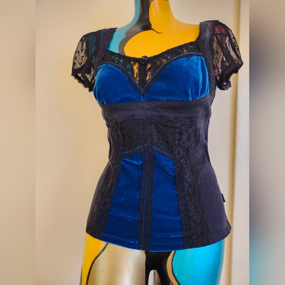Tripp NYC Blue Velvet Milkmaid Top